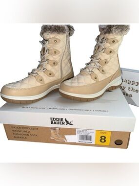 NIB Eddie Bauer Snow Boots Womens Size 8 Beige Sterling Faux Fur Water Repellent